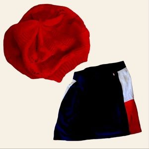 Red knitted hat with Tommy Hilfiger skirt